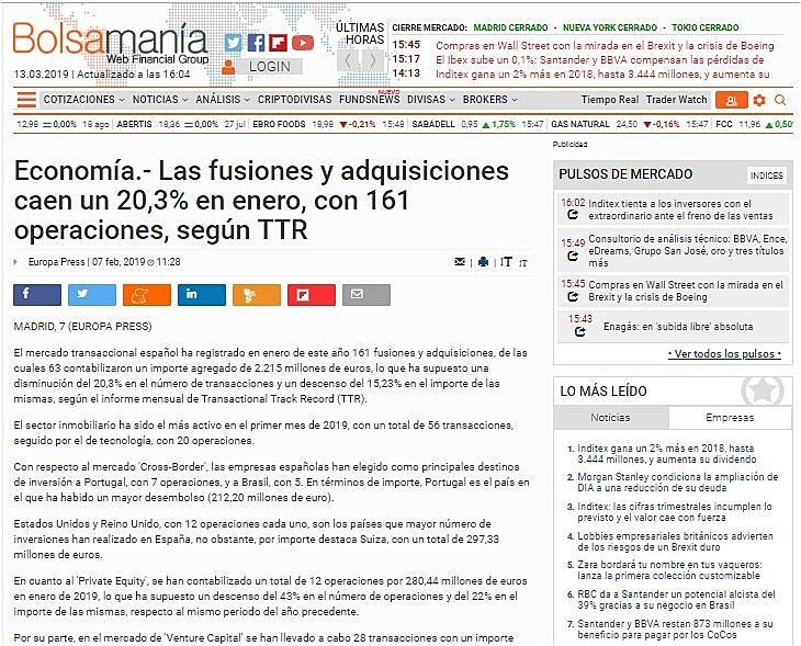 Las fusiones y adquisiciones caen un 20,3% en enero, con 161 operaciones, segn TTR